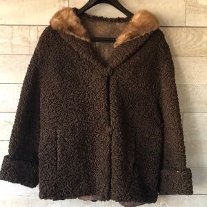 Mid-Century brown Persian lamb mink collar short coat